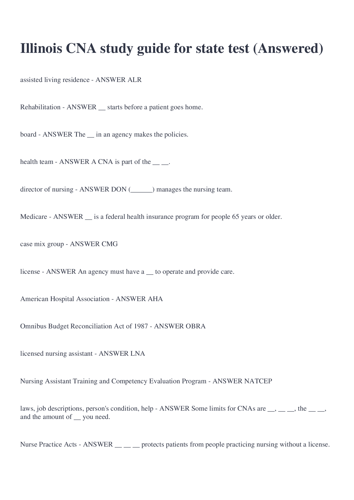 Preview image for Illinois CNA study guide for state test (Answered)